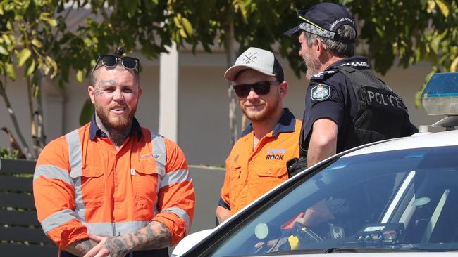 Former Hells Angels bikie Ben Geppert (left) spoke to police at the property on Monday. Picture Glenn Hampson