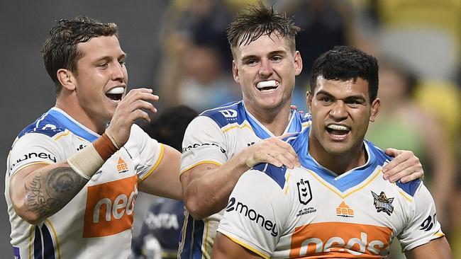 TOWNSVILLE, AUSTRALIA - MARCH 28:  David Fifita of the Titans celebrates after scoring a try  during the round three NRL match between the North Queensland Cowboys and the Gold Coast Titans at QCB Stadium on March 28, 2021, in Townsville, Australia. (Photo by Ian Hitchcock/Getty Images)