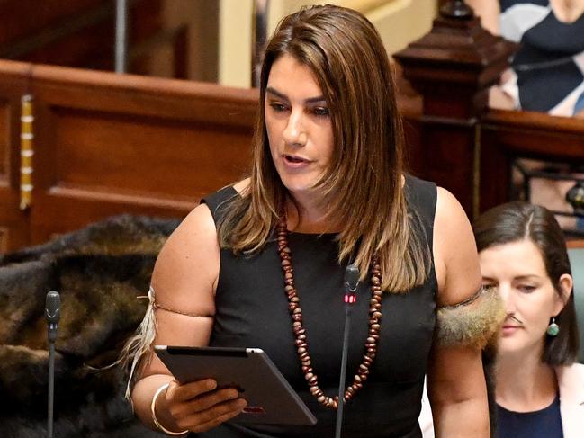 Lidia Thorpe, The first Aboriginal woman MP and Greens member for Northcote, makes her maiden speech in Parliament in Melbourne, Wednesday, November 29, 2017. (AAP Image/Joe Castro) NO ARCHIVING