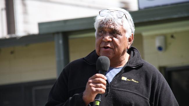 Central Arrernte Traditional Custodian Faron Peckham talks at a community meeting in August. Picture: Gera Kazakov