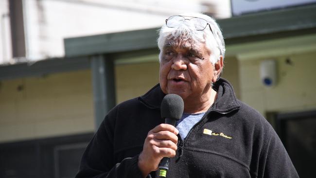 Central Arrernte Traditional Custodian Faron Peckham talks at a community meeting in August. Picture: Gera Kazakov