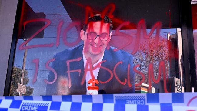 The slogan "Zionism is Fascism" was sprayed on the electoral office of Labor MP Josh Burns in June. Picture: William West/AFP