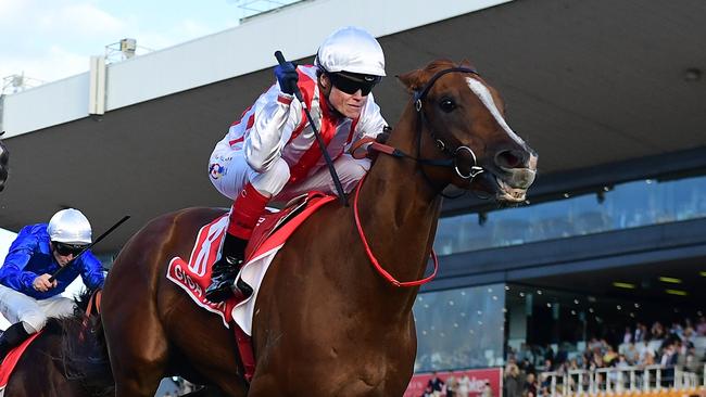 Giga Kick wins the Group 1 Doomben 10,000 for trainer Clayton Douglas and jockey Craig Williams. Picture: Grant Peters - Trackside Photography.