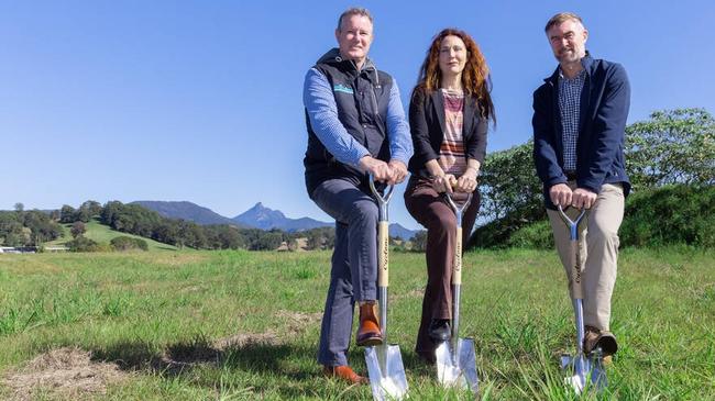 Tweed Mayor Chris Cherry turning the first sod with Alder Constructions GM Dean Cheffers (right) and Williams Group Australia GM Lyndon Poirrier (left) at the new flood-free industrial land swap area in South Murwillumbah.