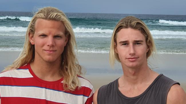 Coolangatta surfers and spearfishers David Howell and Tom Brown at Salt Beach after the shark attack. Picture: Luke Mortimer.