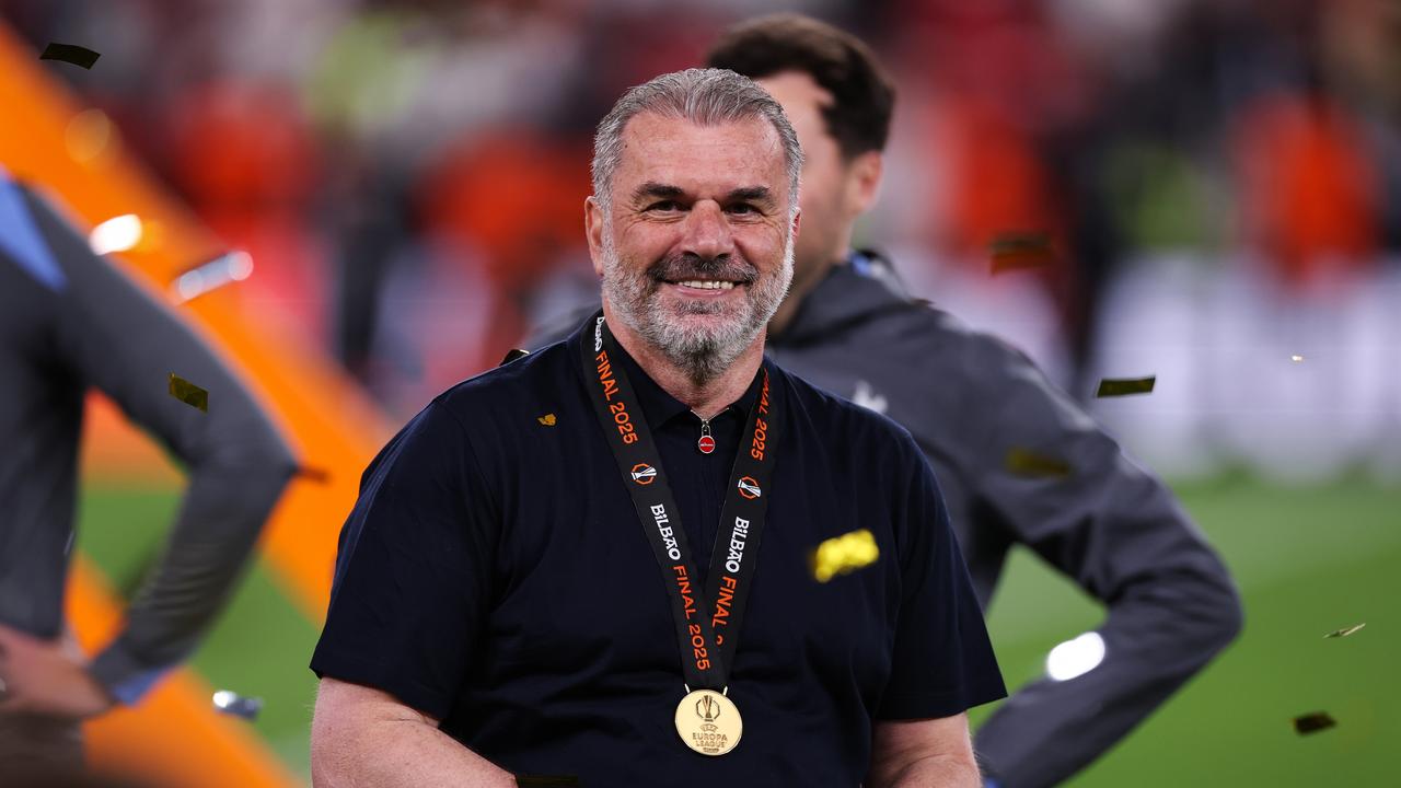 Ange Postecoglou is all smiles after the Europa League final. (Photo by Ryan Pierse/Getty Images)