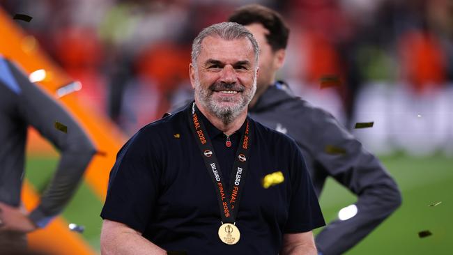 Ange Postecoglou is all smiles after the Europa League final. (Photo by Ryan Pierse/Getty Images)