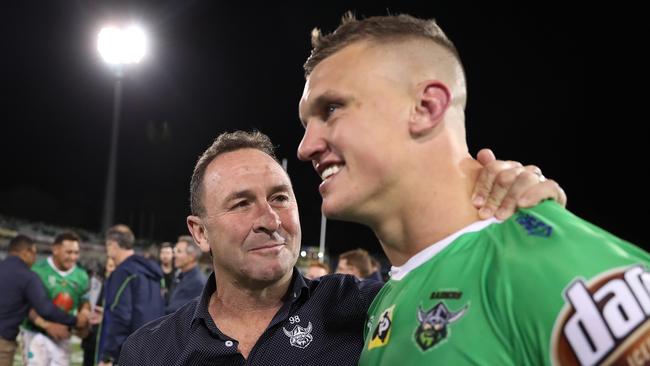 Canberra coach Ricky Stuart with Canberra's Jack Wighton after the Canberra Raiders v South Sydney Preliminary NRL Final at GIO Stadium, Canberra.