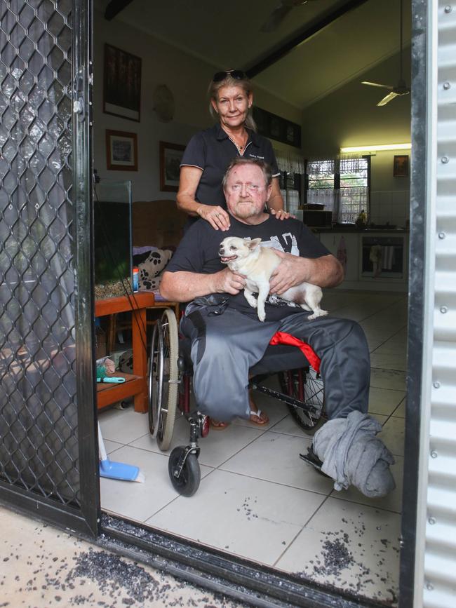 Jimmy Marshall, who was robbed in his Malak home by a group of young people overnight. They smashed through a glass door, knocked him from his wheelchair and bashed him before driving off in his car. Picture: Glenn Campbell