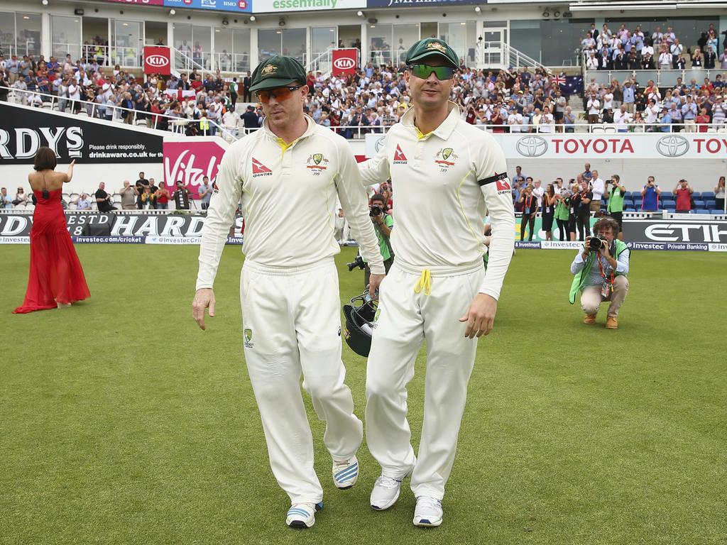 Chris Rogers and Michael Clarke walk onto the ground during their final Test match. Picture: Getty