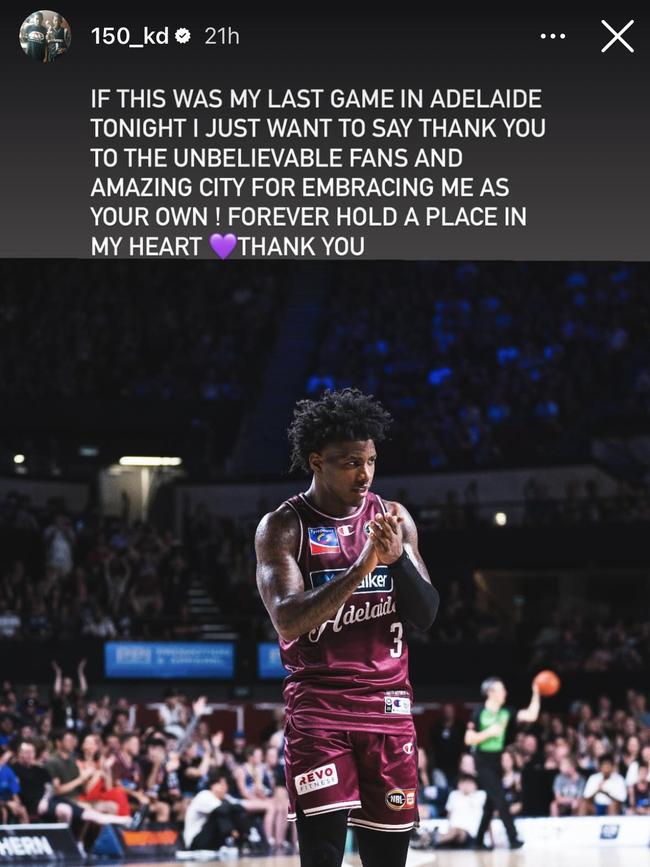 Kendric Davis post on Instagram thanking Adelaide fans. Picture: Instagram