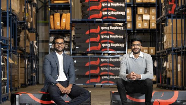 Sleeping Duck founders Winston Wijeyeratne and Selvam Sinnappan at their warehouse in Mulgrave, Melbourne. Picture: David Geraghty