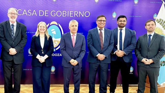 From left to right: Professor Mark Buntine, Vice Governor of Mendoza Dr Hebe Casado, Governor of Mendoza Alfredo Cornejo, Belararox MD Arvind Misra and finance manager Akash Misra, and Director of Mining for the Province of Mendoza, Gerónimo Shantal. Pic: Belararox