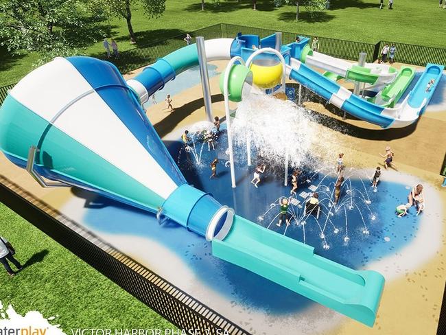 Artist impression of new vortex slide and double bucket water play, equipment that is on its way to Victor Harbor Holiday and Cabin Park. Image: Supplied