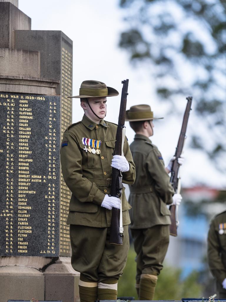 Toowoomba Grammar School Honour Guard at the Citizens' Wreath Laying Ceremony on Anzac Day at the Mothers' Memorial, Tuesday, April 25, 2023. Picture: Kevin Farmer