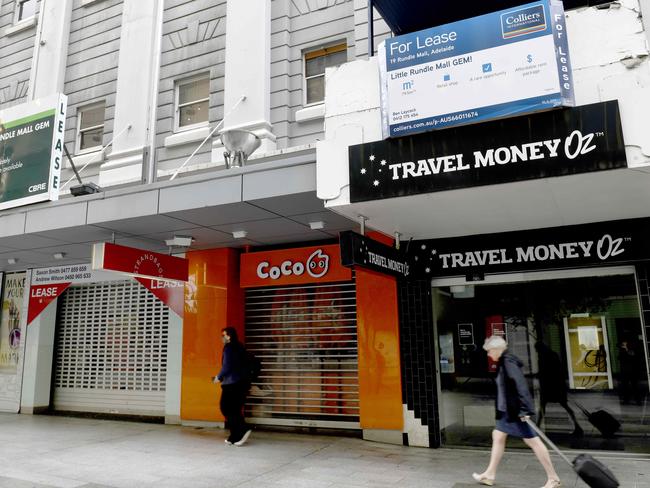 ADELAIDE, AUSTRALIA - NewsWire Photos MARCH 24, 2021: For lease signs on buildings in Rundle Mall. Many of the businesses in the Adelaide CBD have closed as they city recovers from COVID-19 lockdowns. Picture: NCA NewsWire / Naomi Jellicoe