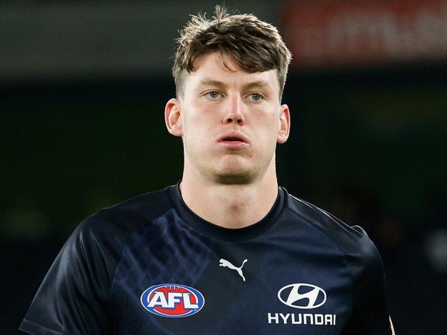 MELBOURNE, AUSTRALIA - APRIL 13: Sam Walsh of the Blues warms up before the 2024 AFL Round 05 match between the Carlton Blues and the Adelaide Crows at Marvel Stadium on April 13, 2024 in Melbourne, Australia. (Photo by Dylan Burns/AFL Photos via Getty Images)