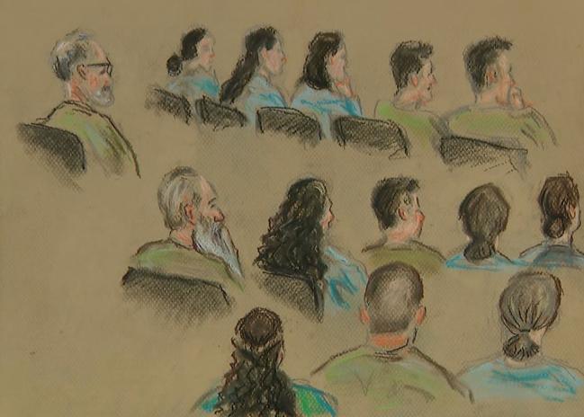 A court sketch of the 14 defendants in Brisbane’s Supreme Court. Picture: NewsWire