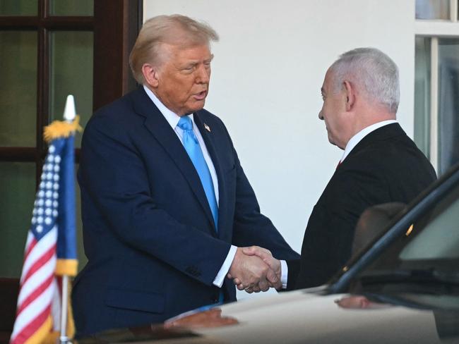 Mr Netanyahu received a warm welcome on arrival at the North Portico of the White House in Washington, DC. Picture: AFP