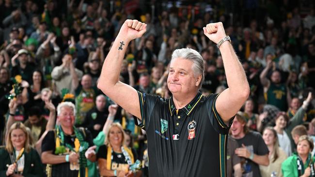 HOBART, AUSTRALIA - NOVEMBER 15: Scott Roth, Head Coach of the Jackjumpers celebrates the win with fans during the round nine NBL match between Tasmania Jackjumpers and Brisbane Bullets at MyState Bank Arena, on November 15, 2024, in Hobart, Australia. (Photo by Steve Bell/Getty Images)