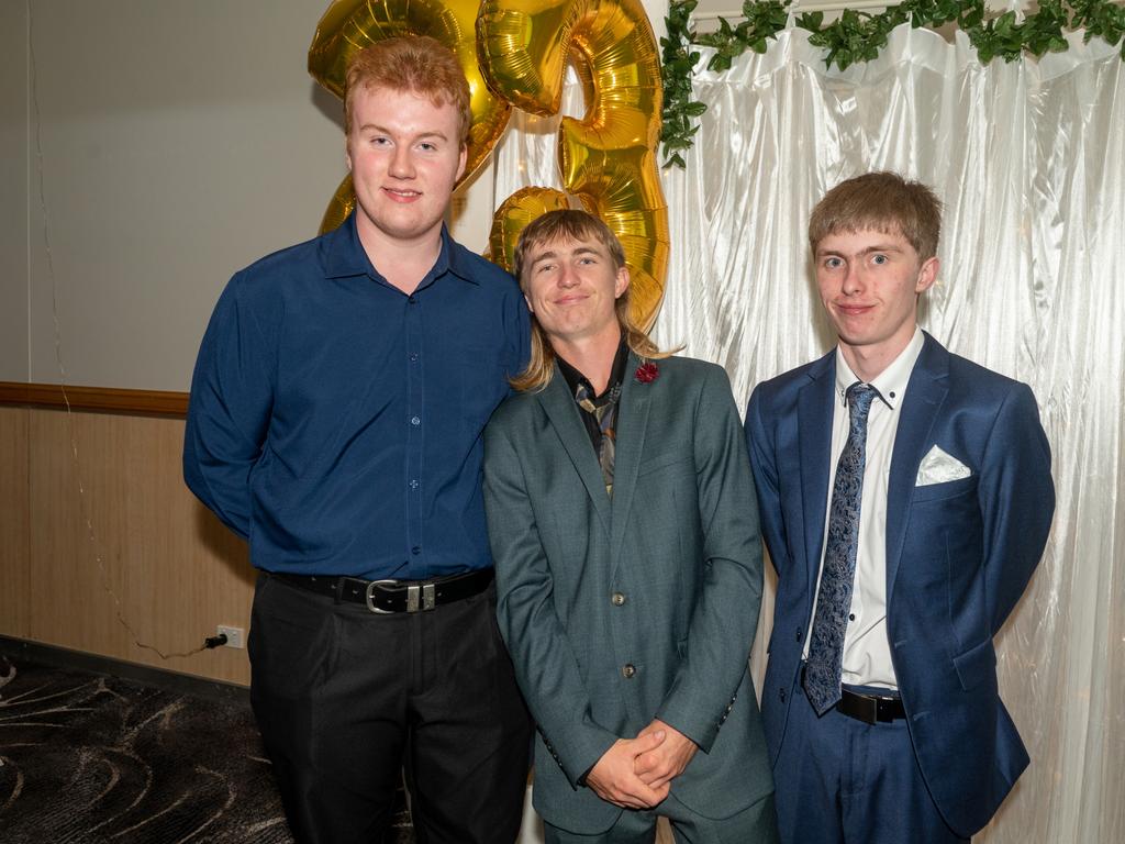 Jeremy Bean, Hayden Kinnear and Rhys Brown at Calen District College Graduation dinner, Friday 17 November 2023 Picture: Michaela Harlow