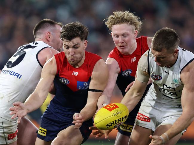 Jack Viney sent a scare through the Demons after limping off the training track with a knee injury. Picture: Mark Stewart