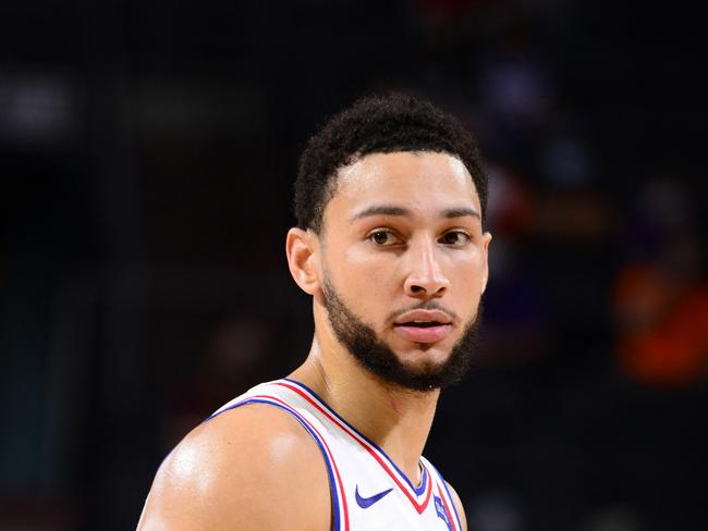 PHOENIX, AZ - FEBRUARY 13: Ben Simmons #25 of the Philadelphia 76ers looks on during the game against the Phoenix Suns on February 13, 2021 at Talking Stick Resort Arena in Phoenix, Arizona. NOTE TO USER: User expressly acknowledges and agrees that, by downloading and or using this photograph, user is consenting to the terms and conditions of the Getty Images License Agreement. Mandatory Copyright Notice: Copyright 2021 NBAE   Barry Gossage/NBAE via Getty Images/AFP (Photo by Barry Gossage / NBAE / Getty Images / Getty Images via AFP)