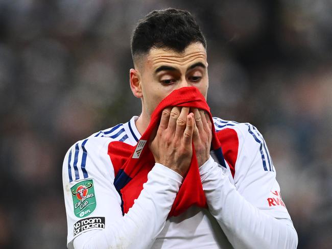 Gabriel Martinelli reacts after being subbed by Mikel Arteta. Picture: Stu Forster/Getty Images