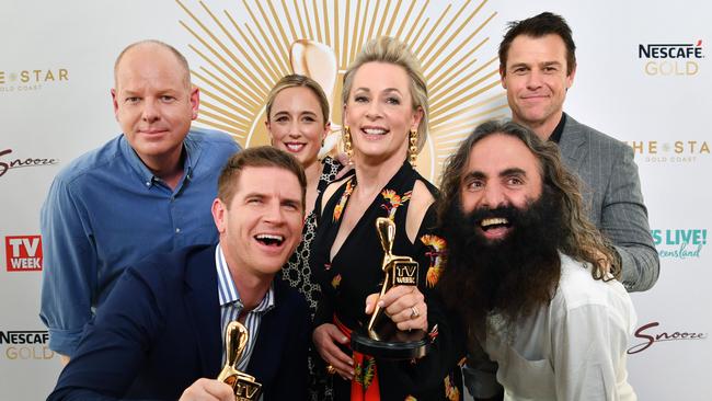 With this year’s Gold Logie nominees Tom Gleeson, Sam Mac, Eve Mprey, Costa Georgiadis and Rodger Corser. (Pic: AAP Image/Darren England)