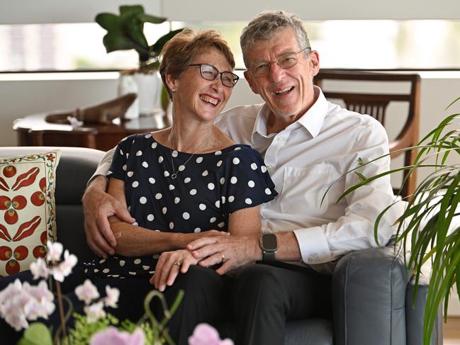 10/11/2022: Scientist Prof Ian Frazer  with wife Caroline,  at a park next to their in their apartment at Highgate Hill, Brisbane. Ian has revealed his retirement as a full-time professor at University of Queensland. Pic Lyndon Mechielsen / The Australian