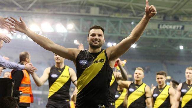 Toby Nankervis leads the Tigers off Etihad Stadium. Picture: Michael Klein