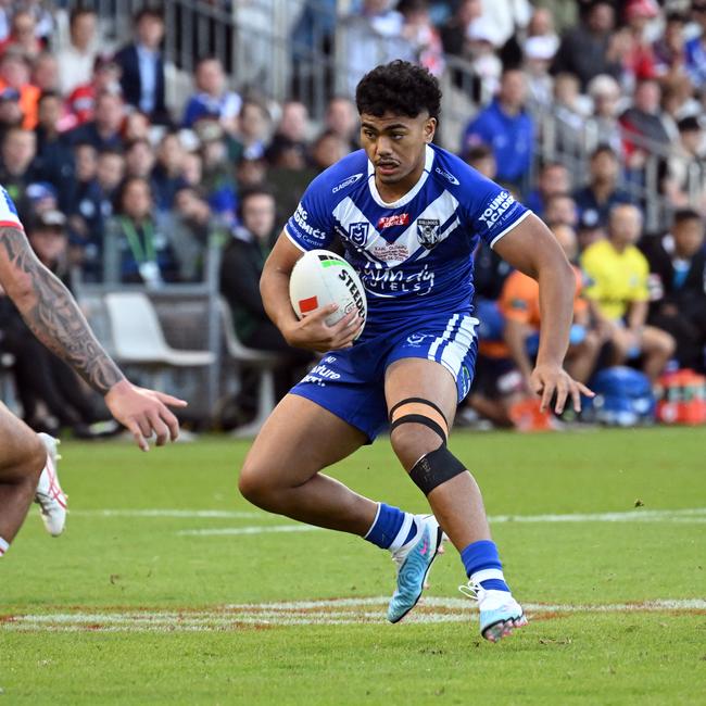 Dre Pakeho and Karl Oloapu (pictured making his NRL debut for the Bulldogs last year) were teammates in 2021 contesting the Cyril Connell Challenge, a representative rugby league competition. Pakeho attended Churchie in 2021 and 2022, starring in their 2022 shared First XV premiership season.