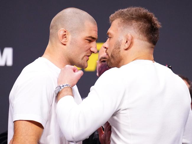 There’s absolutely no love lost between Sean Strickland (L) and Dricus du Plessis (R). Picture: Chris Unger/Zuffa LLC via Getty Images