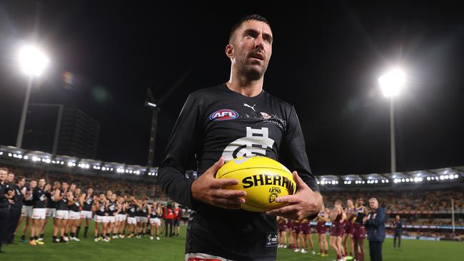 Kade Simpson of the Blues walks of the Gabba after playing his final game. Picture: Michael Klein