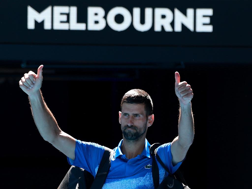 Novak Djokovic acknowledges the crowd as he leaves the court after retiring from the Australian Open Semi Final. Picture: Darrian Traynor/Getty Images