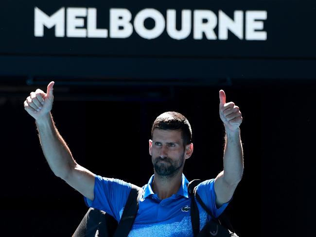 Novak Djokovic acknowledges the crowd as he leaves the court after retiring from the Australian Open Semi Final. Picture: Darrian Traynor/Getty Images