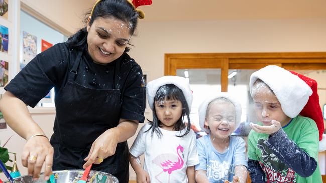 Chef Rosie Manku with Elkira Wijaya, Ella Williams and Basil Hambling, making gingerbread. Picture: Dominika Lis