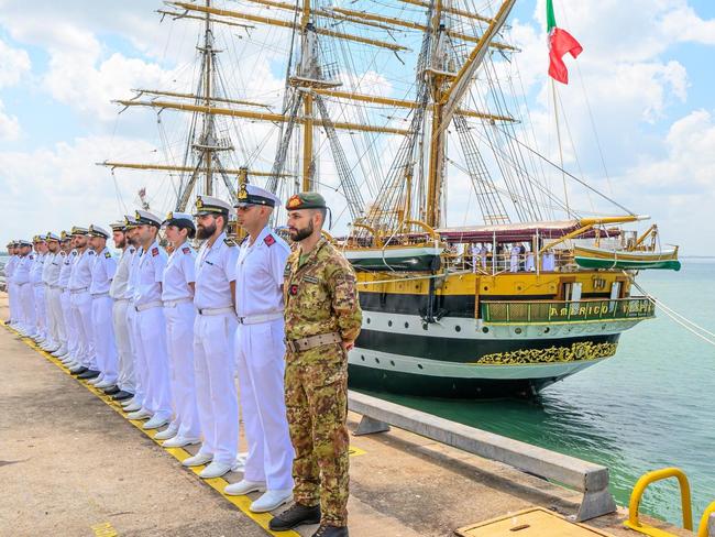 Italian navy training ship Amerigo Vespucci has docked in Darwin, with a welcoming ceremony to mark the ships first return to Australia in more than 20 years. Picture: Supplied.