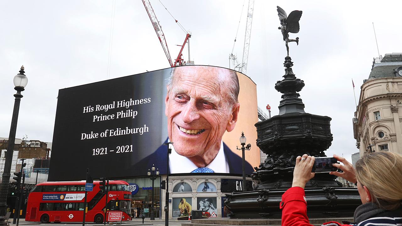 A tribute to Prince Philip, the Duke of Edinburgh, at London’s Piccadilly Circus. Picture: Chris Jackson/Getty Images.