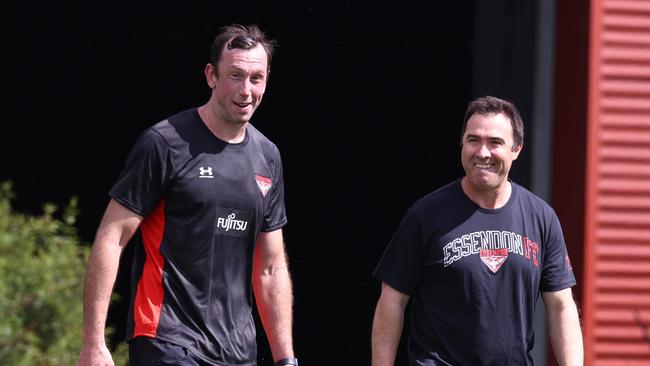 Brad Scott with new recruit Todd Goldstein during the Bombers’ first day back at training. Picture: Michael Klein