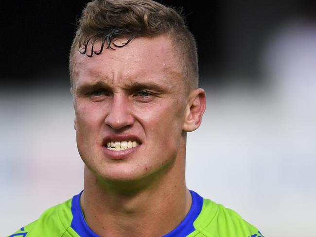 Jack Wighton of the Raiders reacts after loosing the Round 3 NRL match between the Canberra Raiders and the Warriors at GIO Stadium in Canberra, Saturday, March 24, 2018. (AAP Image/Lukas Coch) NO ARCHIVING, EDITORIAL USE ONLY