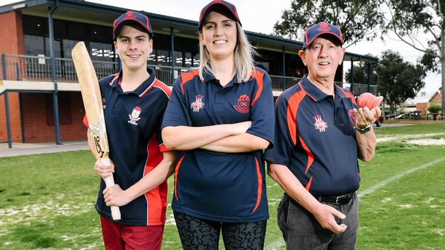 Payneham Cricket Club player Connor Kitching, inaugural women's team player Jessica von Einem and Robert Wilton, who has been playing since the 1950. Picture: AAP/Morgan Sette
