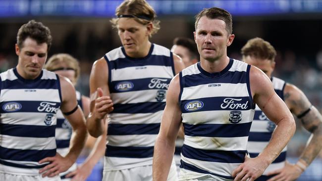 MELBOURNE, AUSTRALIA – MARCH 17: Patrick Dangerfield of the Cats looks dejected after a loss during the 2023 AFL Round 01 match between the Geelong Cats and the Collingwood Magpies at the Melbourne Cricket Ground on March 17, 2023 in Melbourne, Australia. (Photo by Michael Willson/AFL Photos via Getty Images)