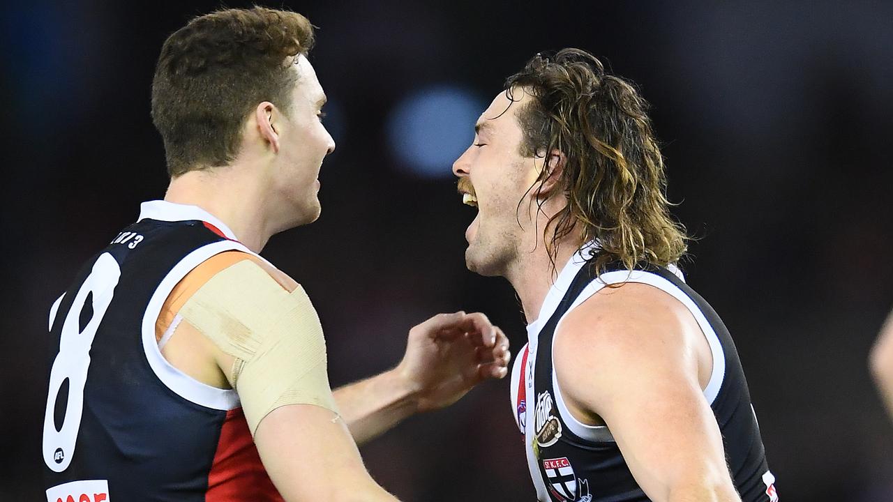 Jack Steven celebrates one of his three goals against Fremantle. (Photo by Quinn Rooney/Getty Images)