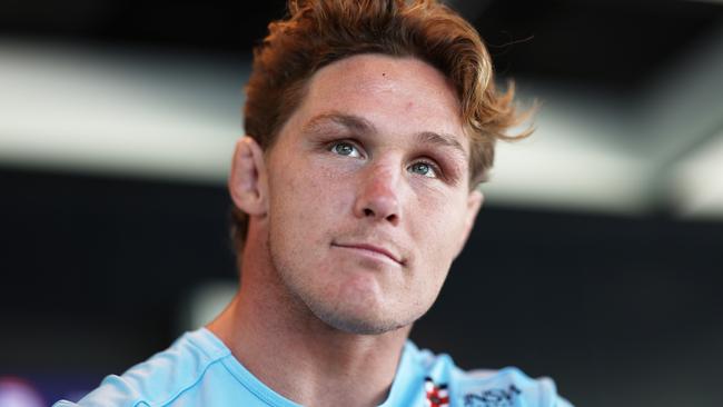 SYDNEY, AUSTRALIA - MAY 30:  Michael Hooper speaks to the media during a Waratahs Super Rugby media opportunity at NSW Rugby Union Centre of Excellence on May 30, 2023 in Sydney, Australia. (Photo by Matt King/Getty Images)