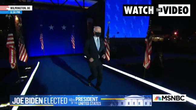 Joe Biden enthusiastically jogs onto stage to give victory speech (MSNBC)