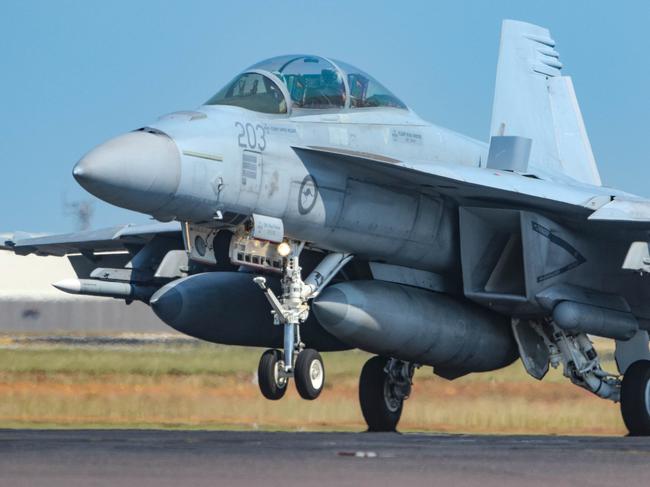 One of the RAAF's Combat veteran F-18's is "not so Quietly" participating in Exersise Arnhem Thunder , with 33 missions against ISIS during Operation Okra to its credit.Picture Glenn Campbell