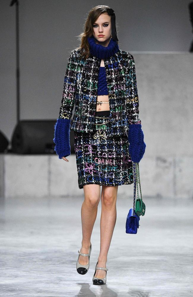 A modern take on Chanel’s tweed suit. Picture: AFP