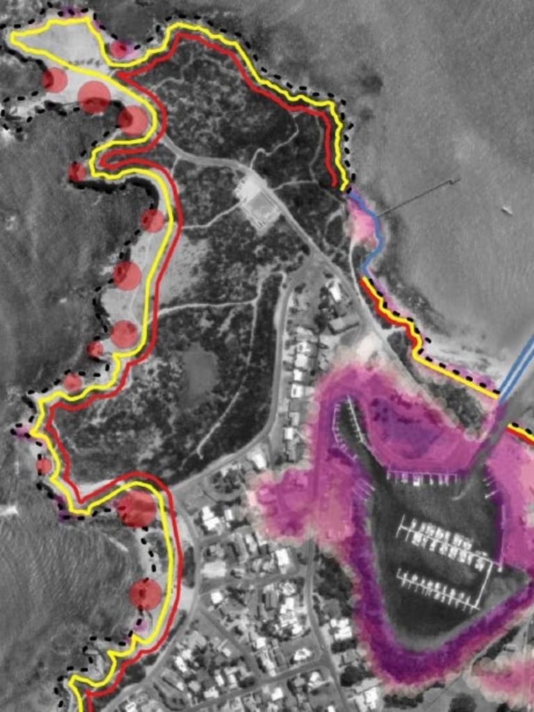 Where erosion will take hold in Robe over the next 100 years – the yellow line shows where it will be by 2050, the red line 2100.