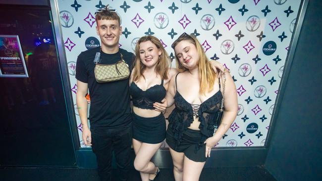 Cameron Smit, Lakeisha Mckewin and Ambar Tomlinson at Cocktails Nightclub. Picture: Lucas Linck